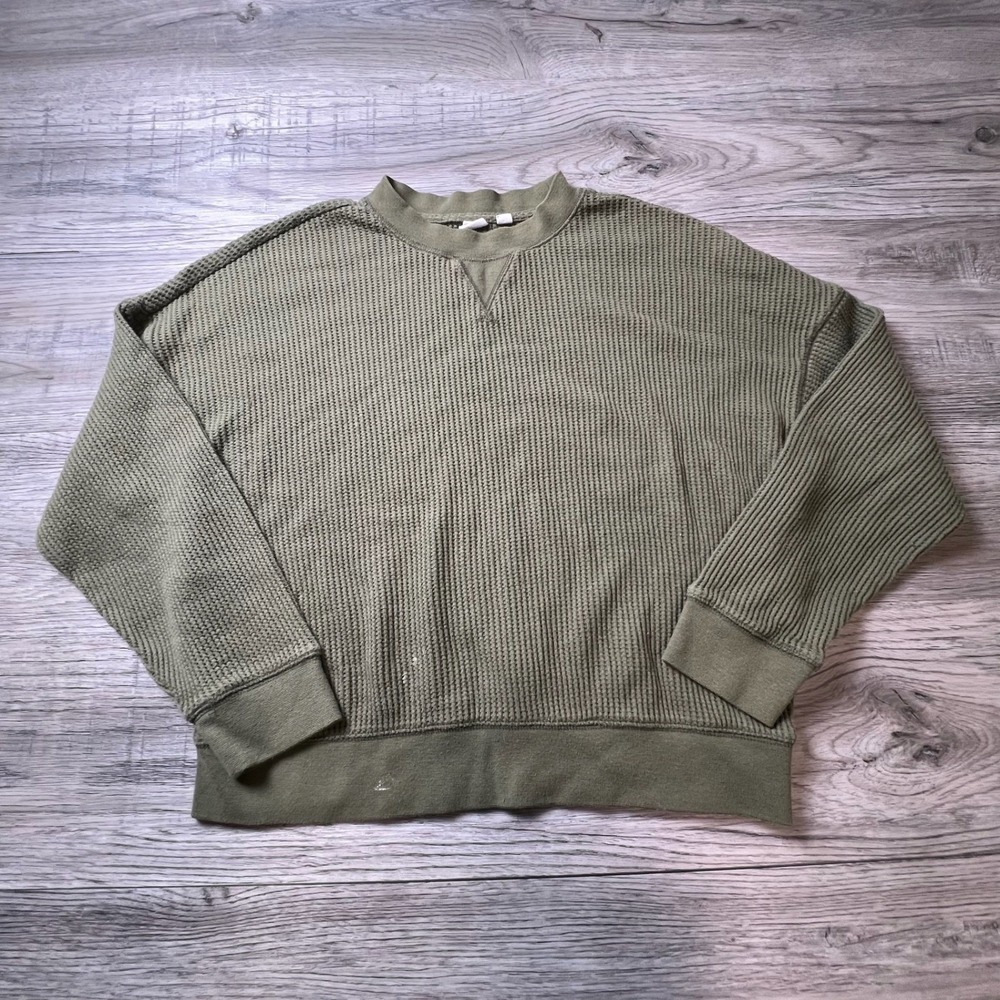 Gap Waffle Knit Sweater Women Medium Olive Green Thermal Pullover Crew Neck AA47